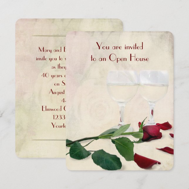 red rose and wine anniversary invitation (Front/Back)