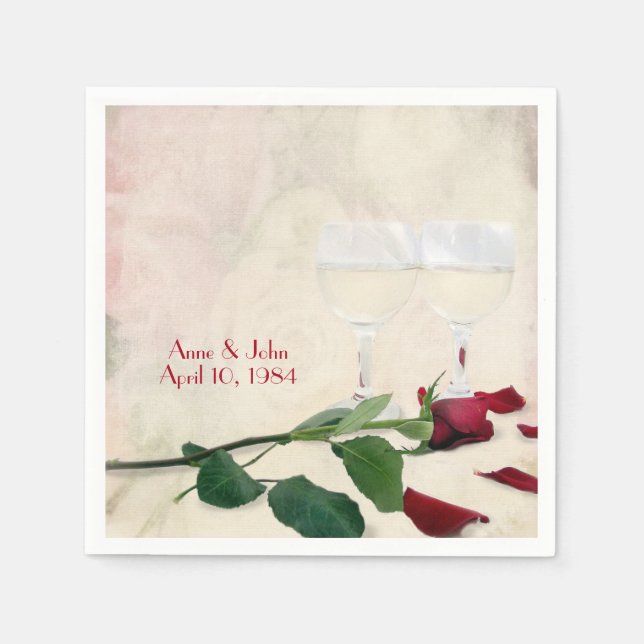 Red Rose and Wine Anniversary Party Napkins (Front)