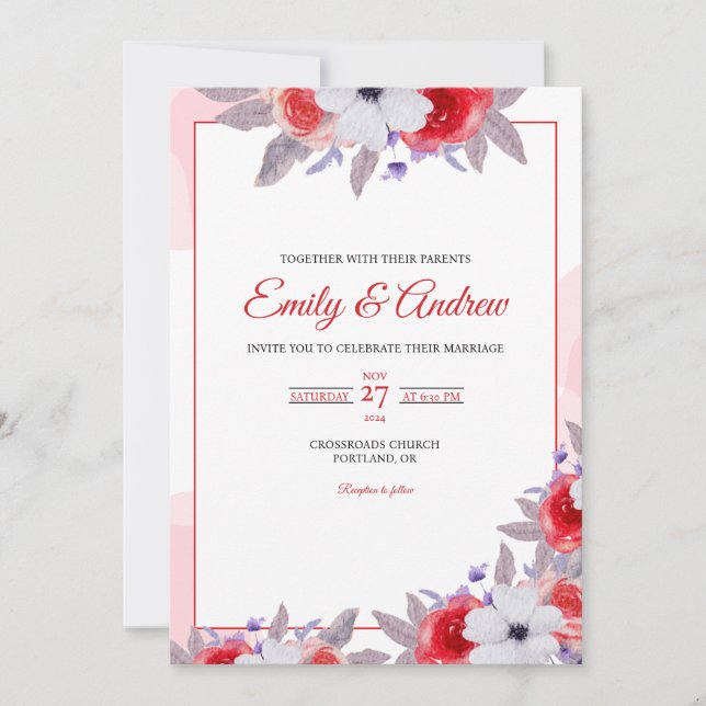 Red Rose Anemone Elegant Floral Watercolor Wedding Invitation (Front)