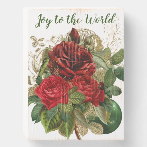 Red Rose Antique Gold Christmas Bouquet Wooden Box Sign
