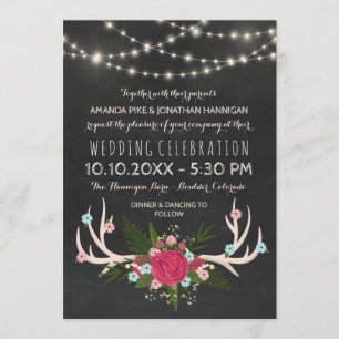 Red Rose Antlers - Rustic Chalkboard Wedding Invitation