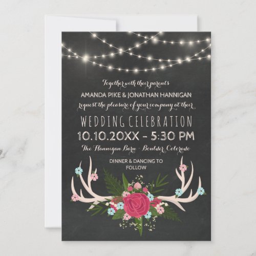 Red Rose Antlers _ Rustic Chalkboard Wedding Invitation