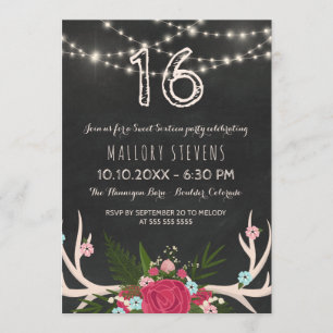 Red Rose Antlers - Rustic Sweet Sixteen Invitation