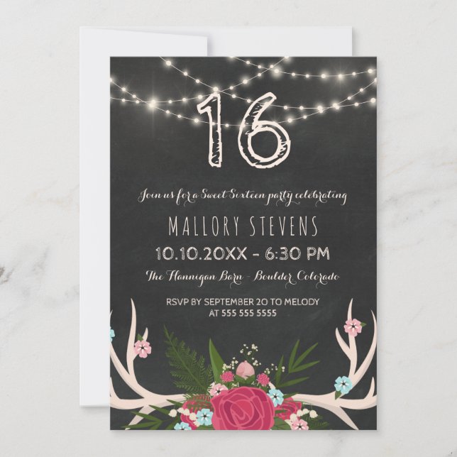 Red Rose Antlers - Rustic Sweet Sixteen Invitation (Front)