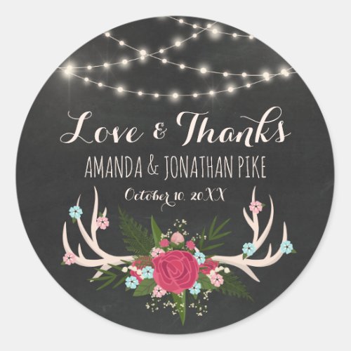 Red Rose Antlers _ Rustic Wedding Love  Thanks Classic Round Sticker