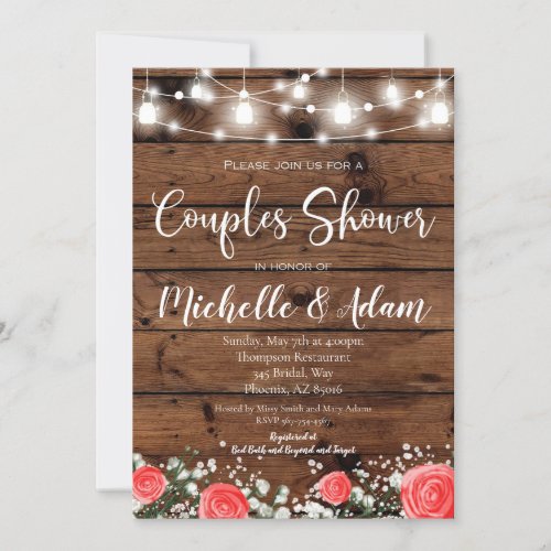 Red Rose Babys Breath Couples Shower Rustic Invitation