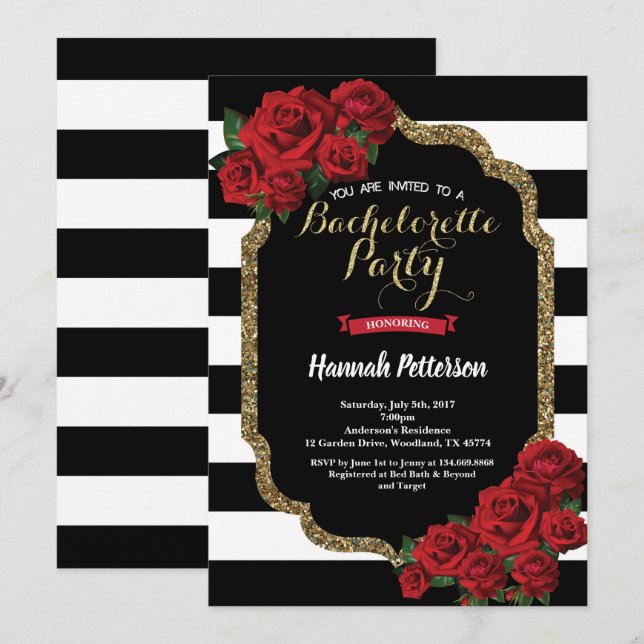 Red rose bachelorette party invitation black gold (Front/Back)