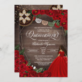 Red Rose Ball Gown Western Charro Quinceañera 15th Invitation (Front/Back)