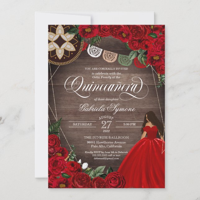 Red Rose Ball Gown Western Charro Quinceañera 15th Invitation (Front)