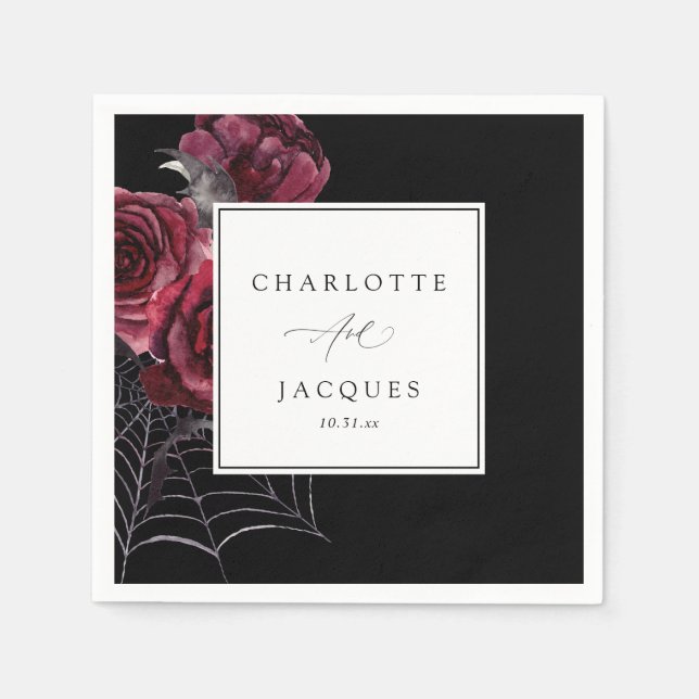 Red Rose & Bats Halloween Wedding- Black Napkins (Front)