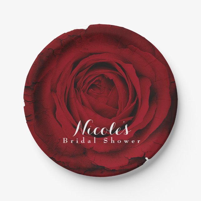 Red Rose Beautiful Floral Elegant Party Custom Paper Plates (Front)