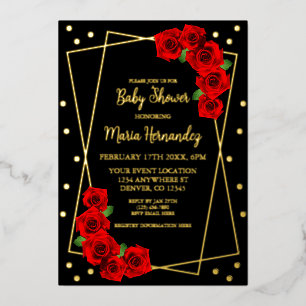 Red Rose Black and Gold Baby Shower Foil Invitation