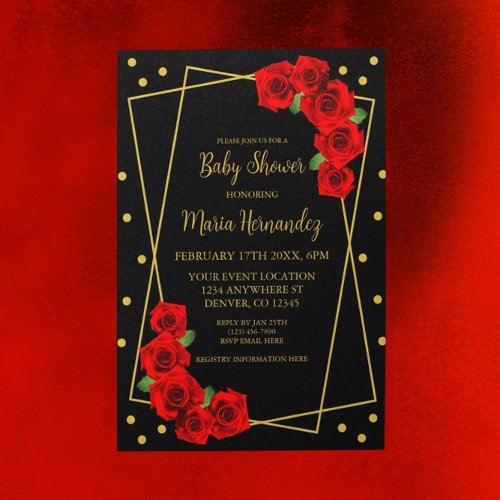 Red Rose Black and Gold Baby Shower Invitation