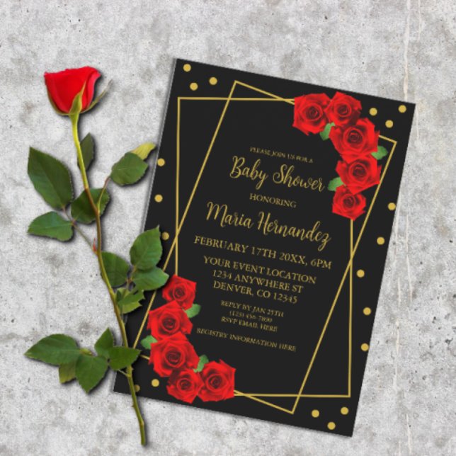 Red Rose Black and Gold Baby Shower Invitation (Creator Uploaded)
