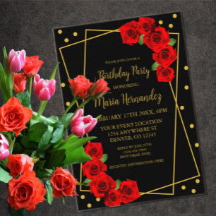 Red Rose Black and Gold Birthday Acrylic Invitations