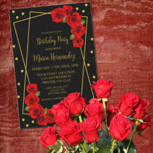 Red Rose Black and Gold Birthday Invitation
