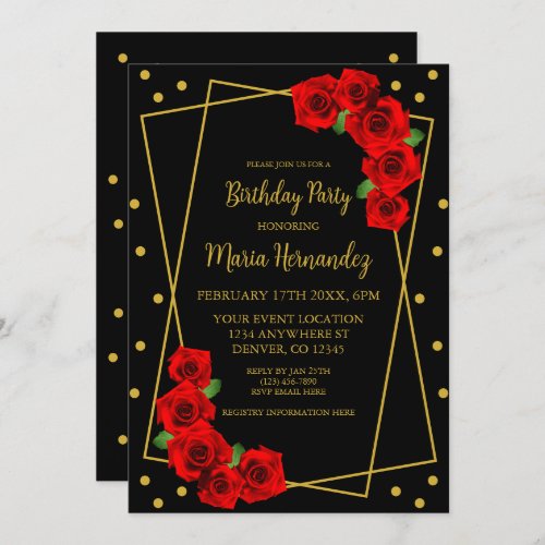 Red Rose Black and Gold Birthday Invitation