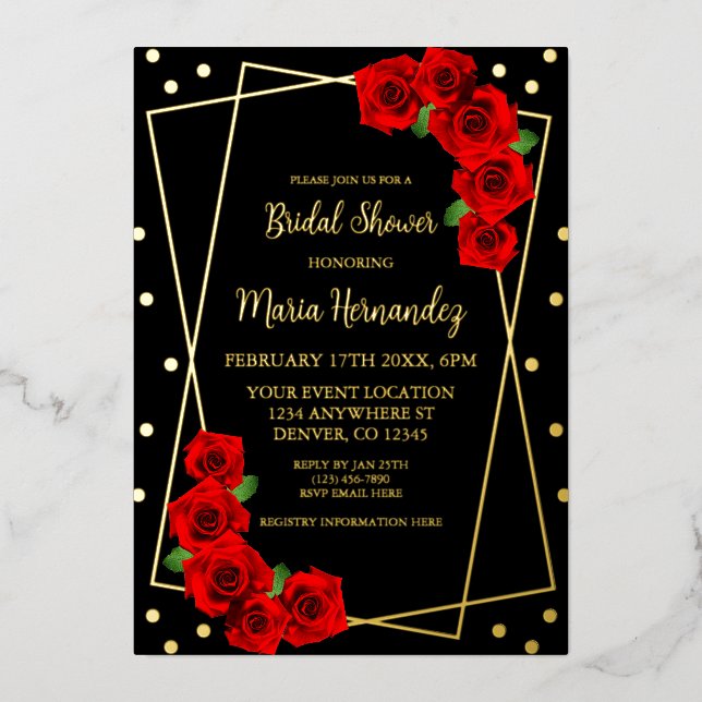 Red Rose Black and Gold Bridal Shower Foil Invitation (Front)