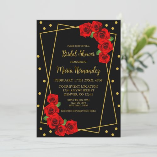 Red Rose Black and Gold Bridal Shower Invitation