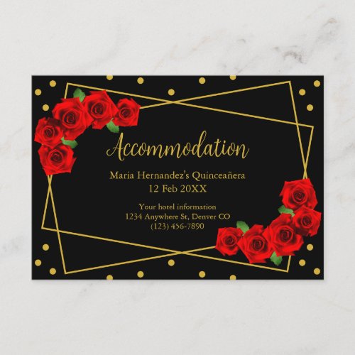 Red Rose Black and Gold Quinceaera Accommodation Enclosure Card