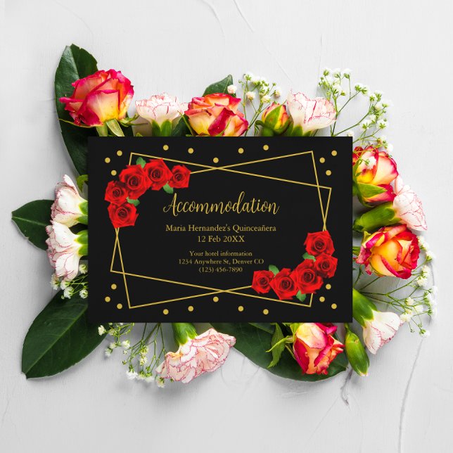 Red Rose Black and Gold Quinceañera Accommodation Enclosure Card (Creator Uploaded)