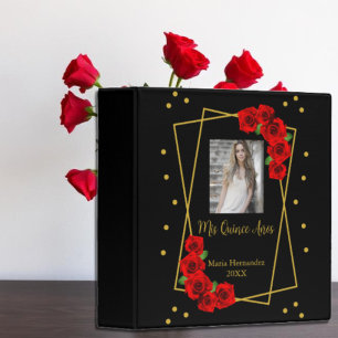 Red Rose Black and Gold Quinceañera Album 3 Ring Binder