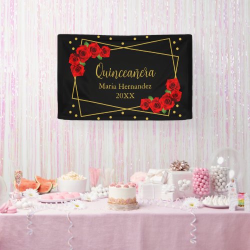 Red Rose Black and Gold Quinceaera Banner
