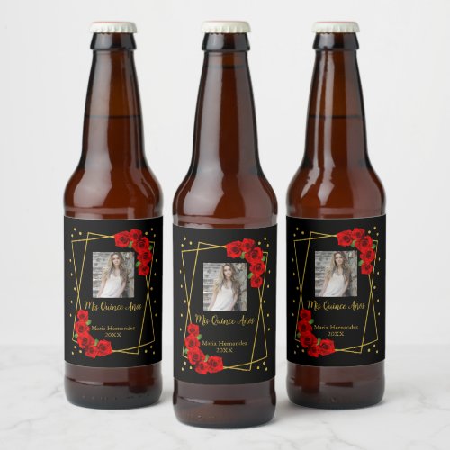 Red Rose Black and Gold Quinceaera Beer Bottle Label