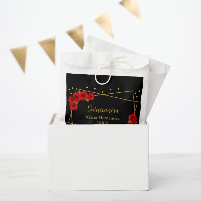 Red Rose Black and Gold Quinceañera Favor Bag (Party)