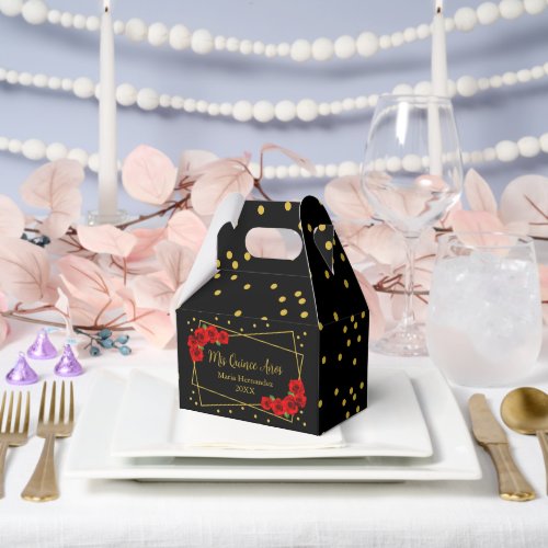 Red Rose Black and Gold Quinceaera Favor Boxes