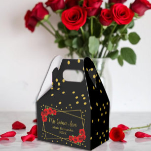 Red Rose Black and Gold Quinceañera Favor Boxes