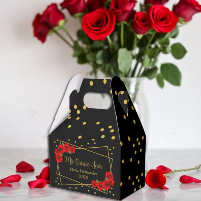 Red Rose Black and Gold Quinceañera Favor Boxes (Creator Uploaded)