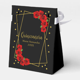 Red Rose Black and Gold Quinceañera Favor Boxes
