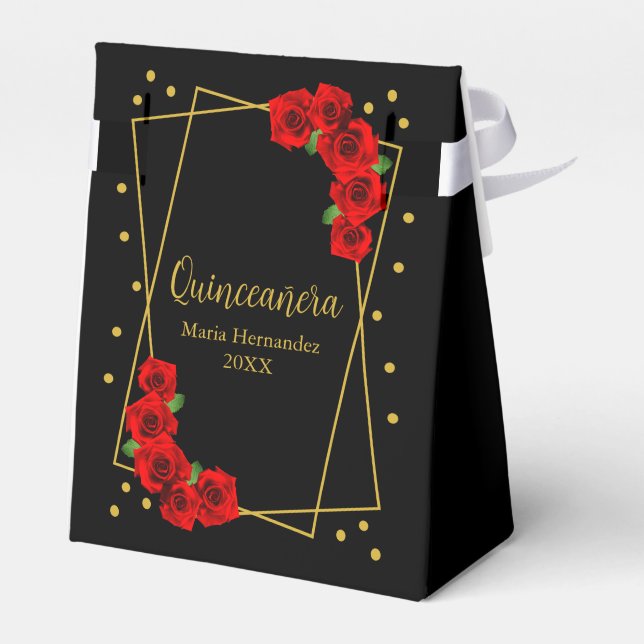 Red Rose Black and Gold Quinceañera Favor Boxes (Back Side)