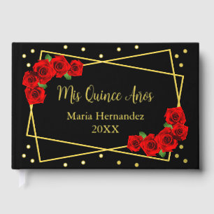 Red Rose Black and Gold Quinceañera Foil Guest Book
