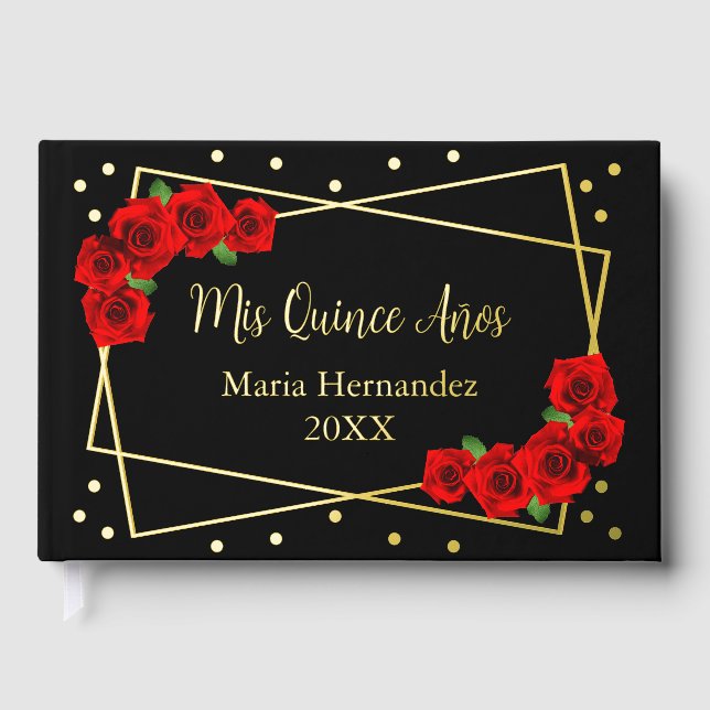 Red Rose Black and Gold Quinceañera Foil Guest Book (Front)