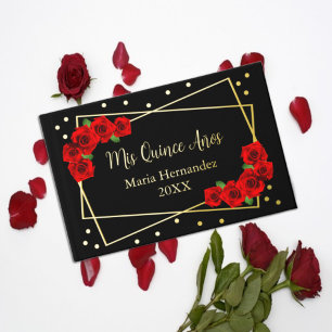 Red Rose Black and Gold Quinceañera Foil Guest Book