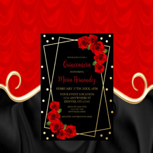 Red Rose Black and Gold Quinceaera Foil Invitation