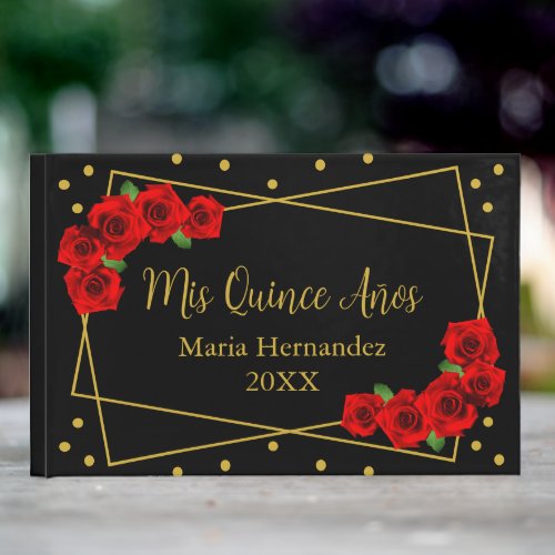Red Rose Black and Gold Quinceaera Guest Book