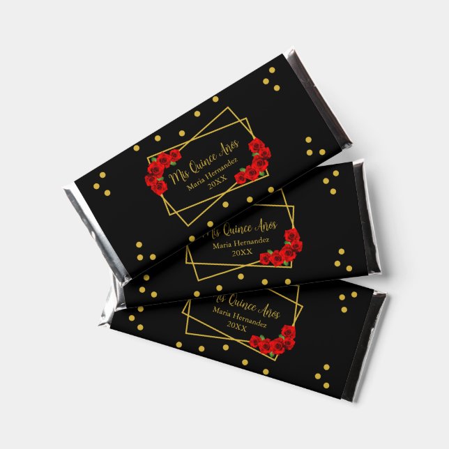 Red Rose Black and Gold Quinceañera Hershey Bar Favors (Front)