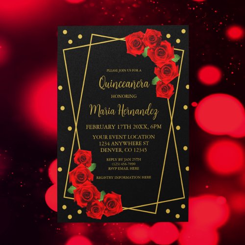 Red Rose Black and Gold Quinceaera Invitation