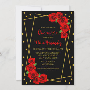 Red Rose Black and Gold Quinceañera Invitation