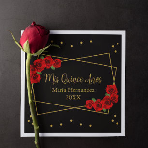 Red Rose Black and Gold Quinceañera Napkins