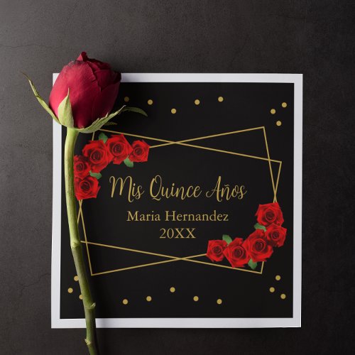 Red Rose Black and Gold Quinceaera Napkins
