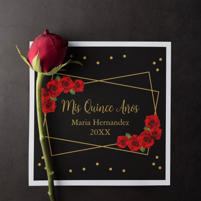 Red Rose Black and Gold Quinceañera Napkins (Creator Uploaded)