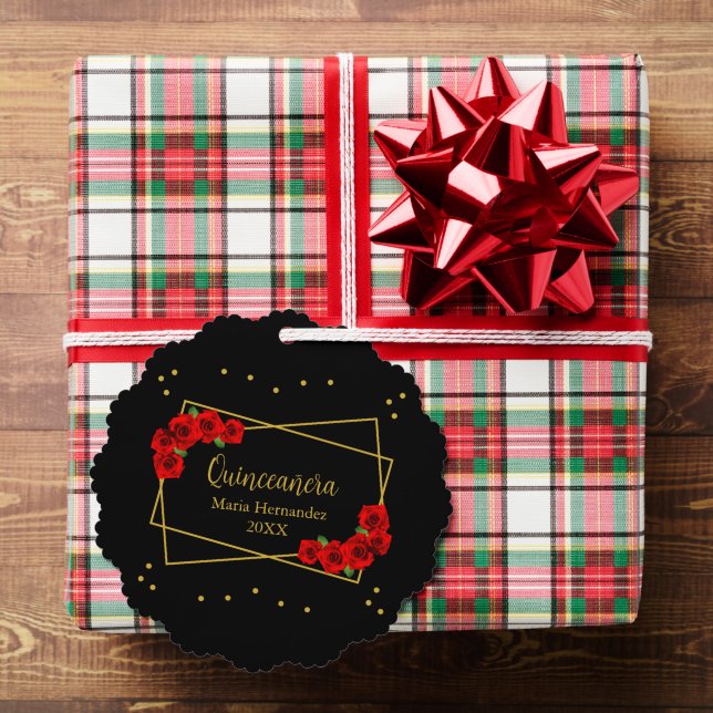 Red Rose Black and Gold Quinceañera Ornament Card (Insitu (Gift))