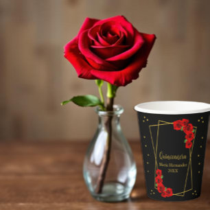 Red Rose Black and Gold Quinceañera Paper Cups