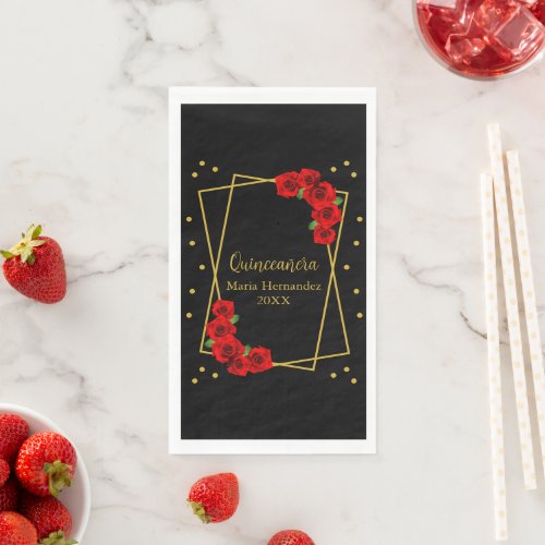 Red Rose Black and Gold Quinceaera Paper Guest Towels