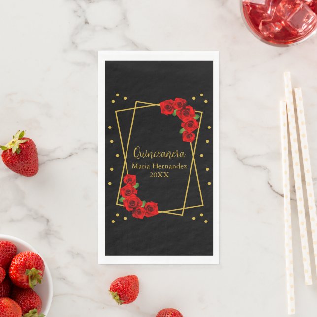 Red Rose Black and Gold Quinceañera Paper Guest Towels (Insitu)