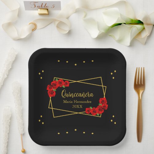 Red Rose Black and Gold Quinceaera Paper Plates